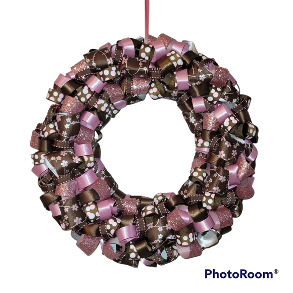 Ribbon Loop Wreath Floral Brown and Pink - Picture 1 of 1